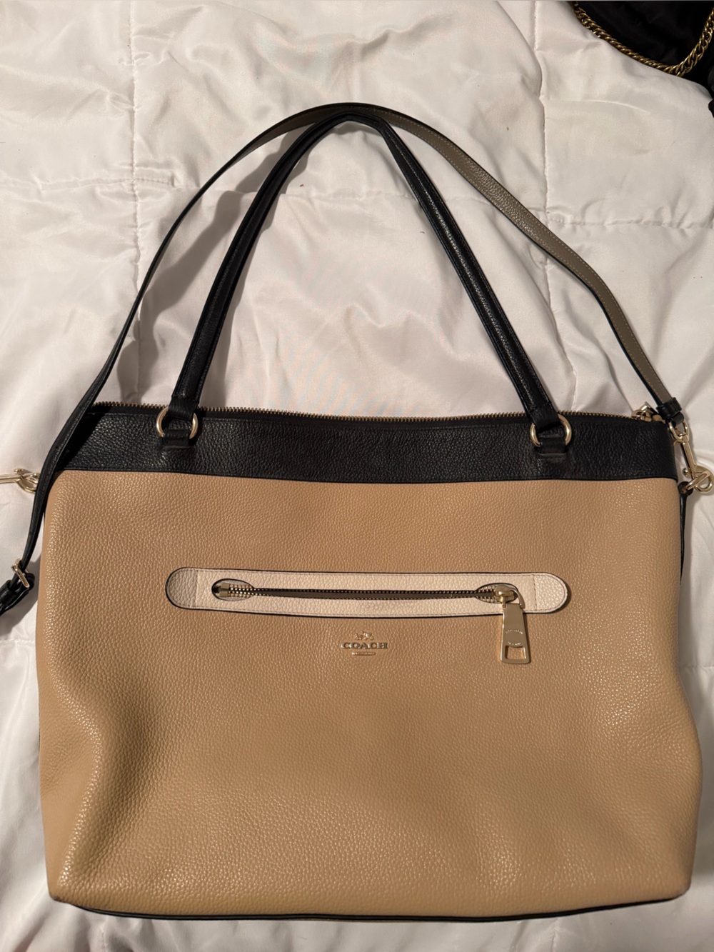 Coach Two-Tone Pebble Leather Tote in Beige and Black